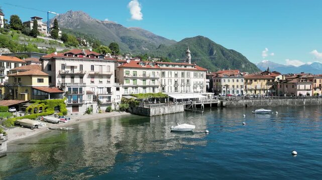 Waterfront Buildings Of Menaggio In Lake Como In Lombardy, Northern Italy. Aerial Drone Shot