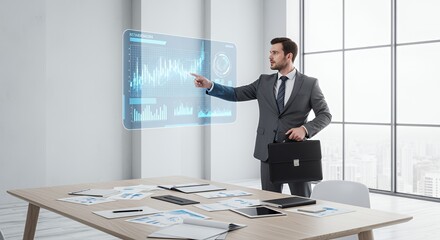 A businessman uses a futuristic holographic interface to analyze financial data and charts in a modern setting.