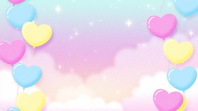 cute background with colorful heart balloons, clouds and stars in the sky animation for Happy Birthday, Baby Shower, etc.