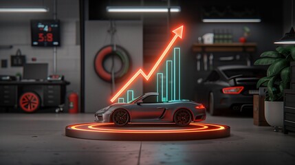 A sleek sports car is surrounded by glowing bar graphs and an upward arrow, symbolizing high-performance growth.