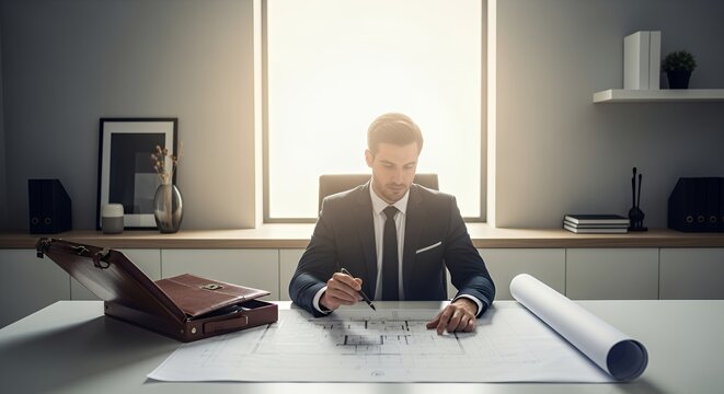 A focused businessman meticulously reviews architectural blueprints at his desk, showcasing dedication and precision in his work.