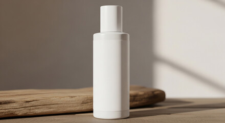 Minimalist White Cosmetic Bottle on Natural Wood, Sunlight Shadow