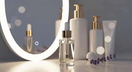 Serene Bathroom Vanity: Skincare Bottles & Illuminated Mirror