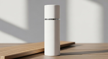 Modern White Dispenser on Wood with Natural Light & Shadows