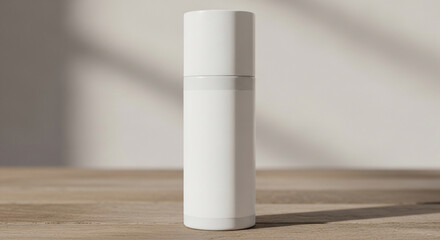 Minimalist White Cosmetic Bottle on Wood with Sunlight Shadows