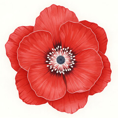 A vibrant red poppy flower with delicate petals, a dark center, and white stamens, illustrated in a detailed botanical style.