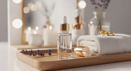 Luxury Skincare Serum and Spa Essentials on Wooden Tray