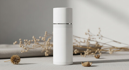 Minimalist White Skincare Bottle with Dried Botanicals & Sunlight