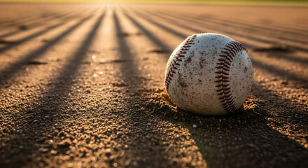 Close up of a worn baseball resting on a dirt baseball field with long shadows stretching across the infield during golden hour sunlight evoking a sense of nostalgia and the anticipation of the game