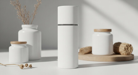 Minimalist White Cosmetic Bottles & Jars with Natural Accents