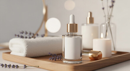 Luxury Spa Serenity: Skincare, Candle, and Lavender on Tray