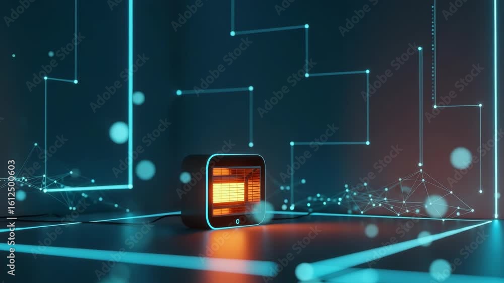Poster a modern electric heater emits a warm glow in a futuristic room illuminated by glowing blue lines an