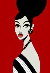 Minimalist abstract portrait of a stylish woman with high hairstyle, red background, and bold expression, digital fashion illustration perfect for editorial design, modern wall art, prints, branding 