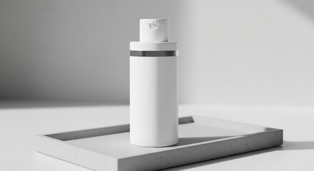 Sleek White Cosmetic Bottle on Minimalist Grey Tray