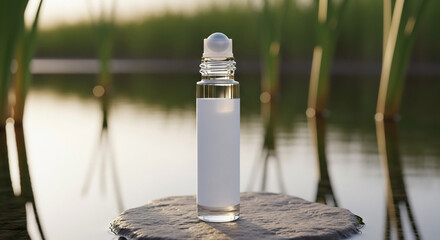 Minimalist Roll-on Bottle on Stone in Serene Natural Water Setting
