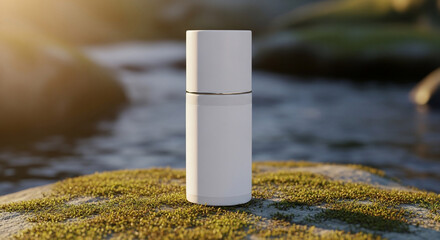 Minimalist White Bottle on Moss by Stream in Golden Sunlight