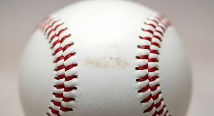 Close up shot of a baseball with red stitching and dirt smudges on its surface showing texture and detail isolated on white background