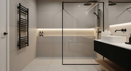 Modern and minimalist bathroom design with walk-in shower and sleek black accents