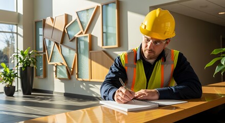 A construction worker in a yellow hard hat sits in a sunlit , diligently writing notes in a notebook.