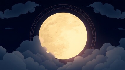 Elegant circular frame with clouds and moon, dark blue and black hues, Mid-Autumn Festival vector background, open center