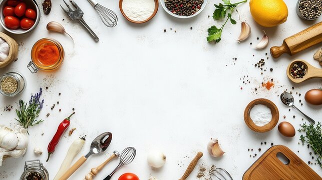 A flat lay top view of kitchen utensils and ingredients on a white surface, soft blurred background