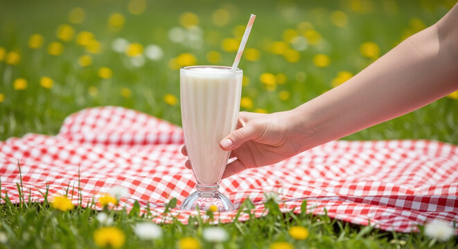 Person holding milkshake with straw on a picnic blanket in a field of yellow and white flowers - Powered by Adobe