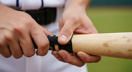 Baseball Player Gripping Bat Preparing for Game Action Focus on Hands and Equipment on Field Background