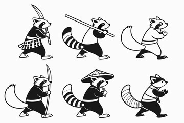 Obraz premium Six Raccoons in Martial Arts Poses.