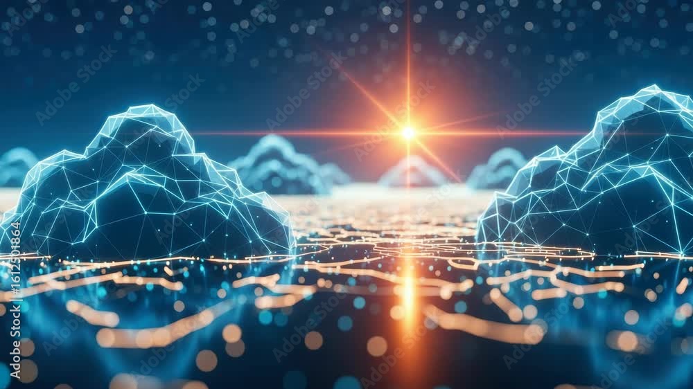 Poster a futuristic landscape featuring glowing geometric clouds above a digital ocean illuminated by a bri