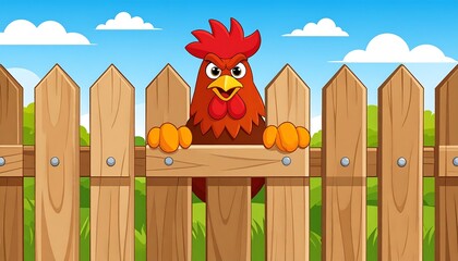 Angry rooster behind a wooden fence in a rural setting