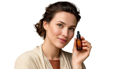 Woman holding small amber glass dropper bottle isolated on transparent background