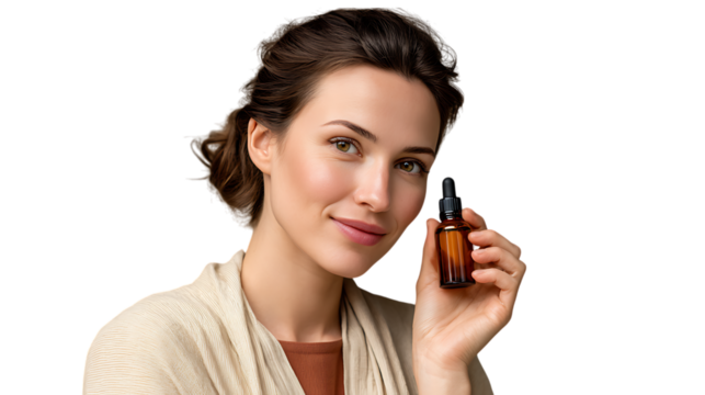 Woman holding small amber glass dropper bottle isolated on transparent background