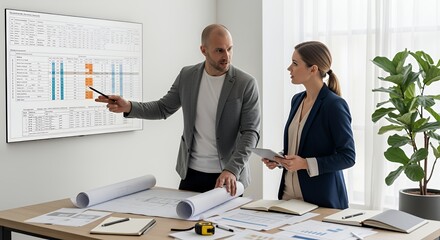 Two professionals collaborate on a project, reviewing data on a large screen and discussing blueprints.