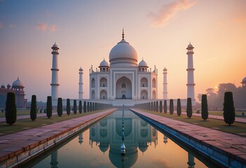 Sunrise view of the iconic white marble mausoleum with reflection in water garden pool