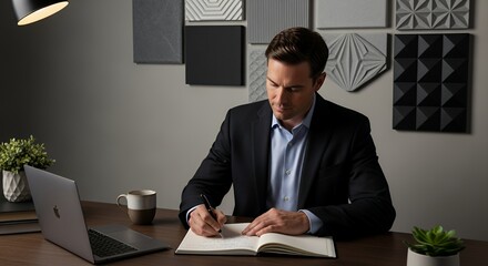 A professional man sits at his desk, thoughtfully writing in a notebook, surrounded by stylish geometric wall panels.