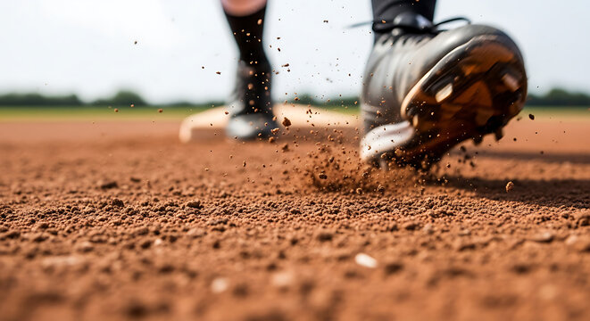Baseball player sliding into base kicking up dirt and dust with cleats in action shot