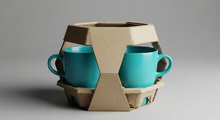 Two turquoise mugs in eco-friendly cardboard packaging ready for delivery