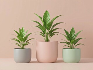 Trio of potted plants: Three lush, green houseplants in stylish, pastel-colored pots, embodying minimalist elegance against a serene, soft backdrop.