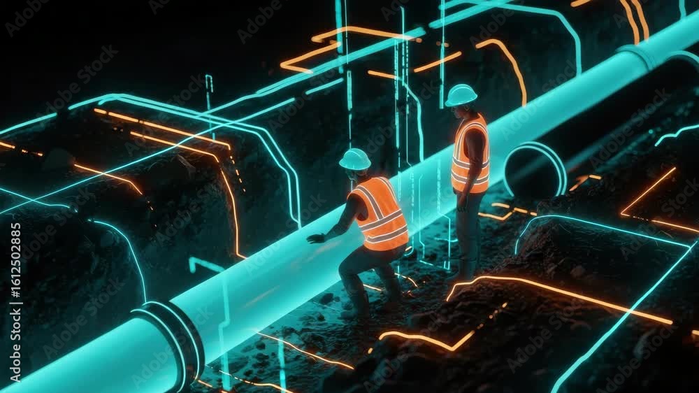 Poster two workers in safety gear examining a glowing pipeline in a futuristic underground setting with dig