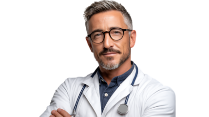 Smiling doctor wearing glasses and stethoscope isolated on transparent background