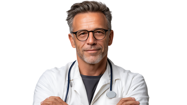 Mature male doctor wearing glasses and stethoscope isolated on transparent background