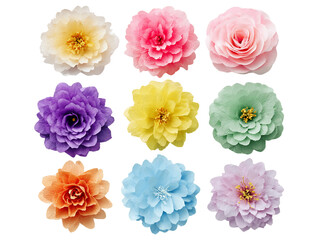 Nine Pastel Paper Flowers on Transparent Background, PNG