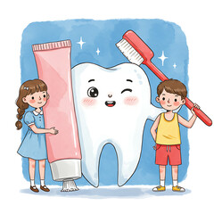 An illustration of cheerful children with a happy winking tooth, an oversized toothbrush, and toothpaste, ideal for kids' oral hygiene and dental education.