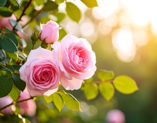 Beautiful pink roses in garden sunlight