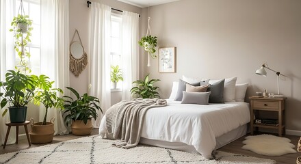 Bright and Serene Bohemian Bedroom with Abundant Green Plants