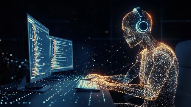 A futuristic digital representation of a skeletal figure wearing headphones engaged in programming on dual monitors with a backdrop of glowing data streams and a tech-inspired environment - Powered by Adobe