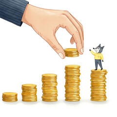 An illustration of a hand building stacks of gold coins, with a friendly wolf mascot on the tallest stack, symbolizing financial growth and investment.