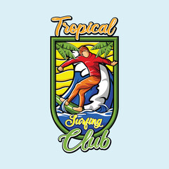 Surfer Surfing Board Vibrant Colored Wave Tropical Stylized Pin Badge Vector