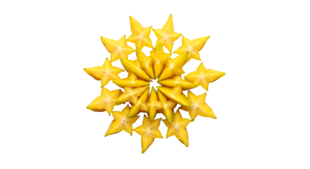 Star fruit slices arranged radially on black background create a starburst pattern
