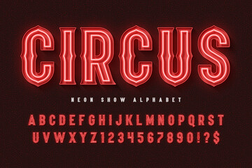 Retro circus alphabet design, cabaret, fairy neon lamps letters and numbers.